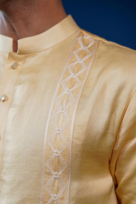 Shop_Philocaly_Gold Linen, Satin Embroidery Pitambari Tonal Diamond Kurta _Online_at_Aza_Fashions