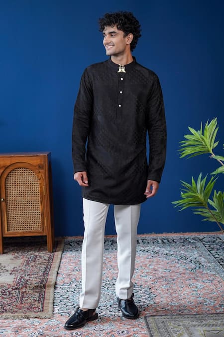 Philocaly Raakh Embroidered Silk Kurta With Silver Buttons 