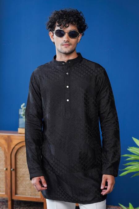 Philocaly_Black Silk Embroidery Raakh Kurta With Silver Buttons _Online_at_Aza_Fashions