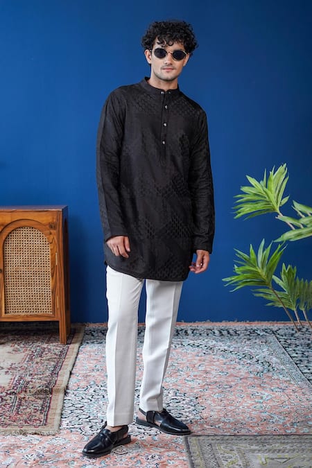 Buy_Philocaly_Black Silk Embroidery Raakh Kurta With Silver Buttons _Online_at_Aza_Fashions