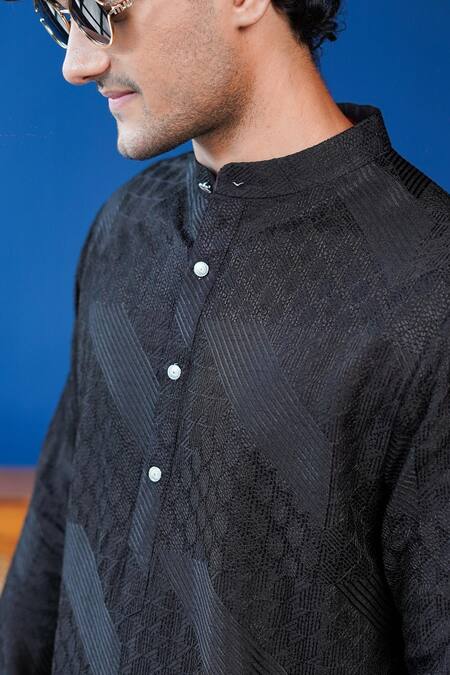 Shop_Philocaly_Black Silk Embroidery Raakh Kurta With Silver Buttons _Online_at_Aza_Fashions