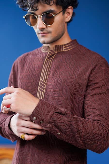 Philocaly_Brown Silk Zari Tavir Geometric Pattern Kurta With Detail _Online_at_Aza_Fashions