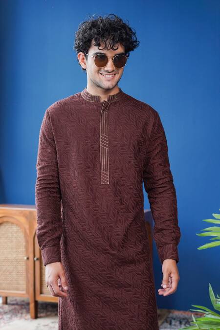 Buy_Philocaly_Brown Silk Zari Tavir Geometric Pattern Kurta With Detail _Online_at_Aza_Fashions