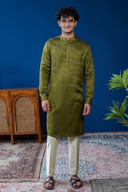 Philocaly Taru Linen Satin Tonal Wave Embroidered Kurta 