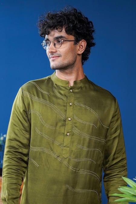 Philocaly_Olive Green Linen, Satin Embroidery Taru Tonal Wave Kurta _Online_at_Aza_Fashions