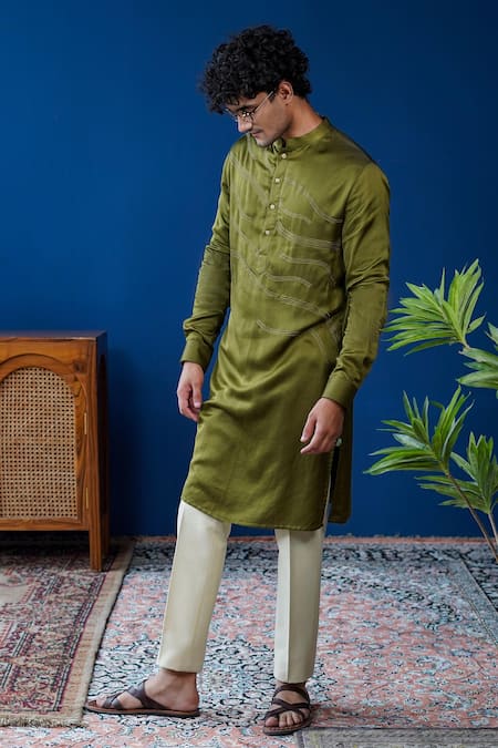 Buy_Philocaly_Olive Green Linen, Satin Embroidery Taru Tonal Wave Kurta _Online_at_Aza_Fashions