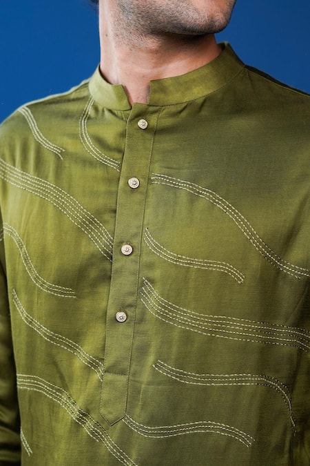 Shop_Philocaly_Olive Green Linen, Satin Embroidery Taru Tonal Wave Kurta _Online_at_Aza_Fashions