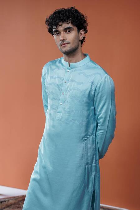 Philocaly_Sky Blue Linen, Satin Embroidery Varun Tonal Kurta With Mandarin Collar _Online_at_Aza_Fashions