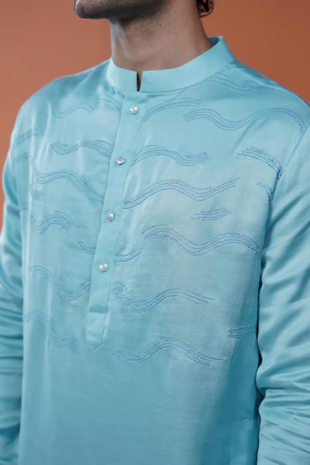 Buy_Philocaly_Sky Blue Linen, Satin Embroidery Varun Tonal Kurta With Mandarin Collar _Online_at_Aza_Fashions