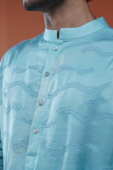 Shop_Philocaly_Sky Blue Linen, Satin Embroidery Varun Tonal Kurta With Mandarin Collar _Online_at_Aza_Fashions