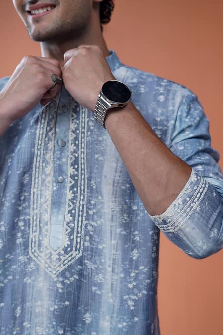 Philocaly_Blue Tussar, Cotton Embroidery Jalsa Printed Kurta With Dori _Online_at_Aza_Fashions