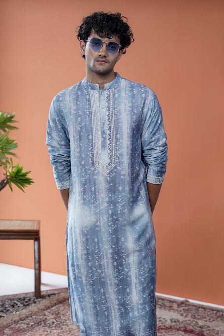 Buy_Philocaly_Blue Tussar, Cotton Embroidery Jalsa Printed Kurta With Dori _Online_at_Aza_Fashions