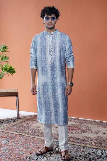 Philocaly Blue Tussar, Cotton Embroidery Jalsa Printed Kurta With Dori 