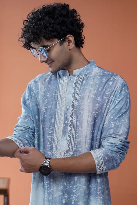 Shop_Philocaly_Blue Tussar, Cotton Embroidery Jalsa Printed Kurta With Dori _Online_at_Aza_Fashions
