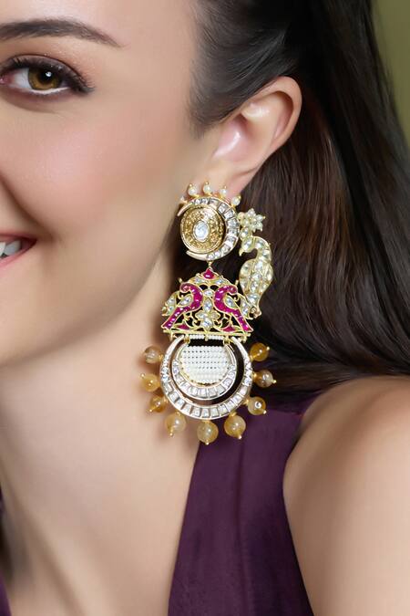 Shop Joules By Radhika Multi Color Stones, Pearls, Beads Radiant Royal Peacock Shaped Earrings at Aza Fashions Shop_Joules By Radhika_Multi Color Stones, Pearls, Beads Radiant Royal Peacock Shaped Earrings_at_Aza_Fashions