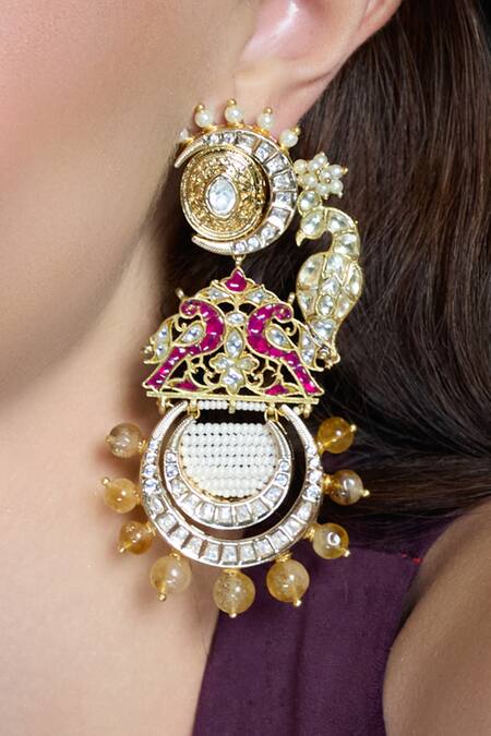 Joules By Radhika Multi Color Stones, Pearls, Beads Radiant Royal Peacock Shaped Earrings Online at Aza Fashions Joules By Radhika_Multi Color Stones, Pearls, Beads Radiant Royal Peacock Shaped Earrings_Online_at_Aza_Fashions
