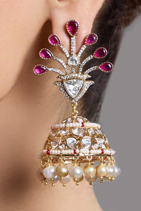 Joules By Radhika Gold Plated Stones, Pearls, Crystals Glorious Charm Peacock Jhumkas Online at Aza Fashions Joules By Radhika_Gold Plated Stones, Pearls, Crystals Glorious Charm Peacock Jhumkas_Online_at_Aza_Fashions
