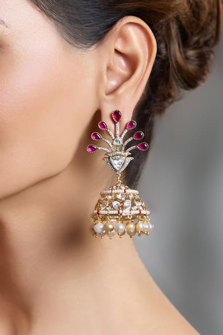 Shop Joules By Radhika Gold Plated Stones, Pearls, Crystals Glorious Charm Peacock Jhumkas at Aza Fashions Shop_Joules By Radhika_Gold Plated Stones, Pearls, Crystals Glorious Charm Peacock Jhumkas_at_Aza_Fashions