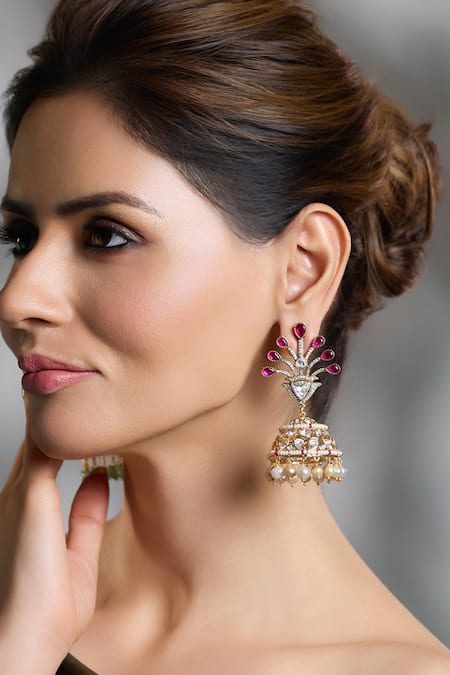 Joules By Radhika Gold Plated Stones, Pearls, Crystals Glorious Charm Peacock Jhumkas 
