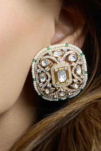 Joules by Radhika Gold Plated Pearls, Stones Emerald Bloom Polki Stud Earrings Online at Aza Fashions Joules by Radhika_Gold Plated Pearls, Stones Emerald Bloom Polki Stud Earrings _Online_at_Aza_Fashions