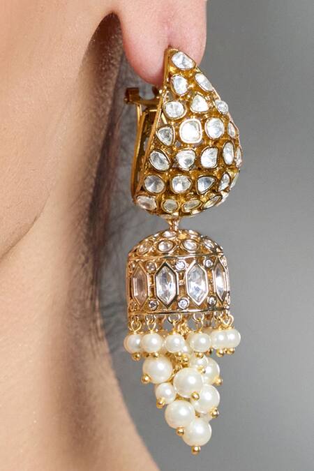 Joules By Radhika_Gold Plated Pearls, Stones Jhumka Hoops_Online_at_Aza_Fashions