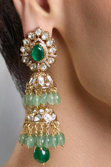 Joules By Radhika Green Stones, Pearls Throne Grace Emerald Long Earrings Online at Aza Fashions Joules By Radhika_Green Stones, Pearls Throne Grace Emerald Long Earrings _Online_at_Aza_Fashions