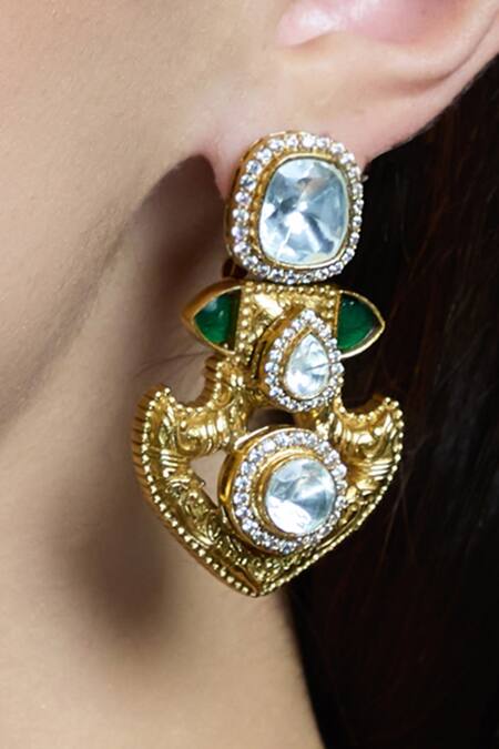 Joules By Radhika_Gold Plated Crystals, Stones Radiant Kundan Shield Earrings _Online_at_Aza_Fashions