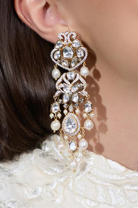 Joules By Radhika Gold Plated Crystals, Pearls Dazzling Drop Earrings Online at Aza Fashions Joules By Radhika_Gold Plated Crystals, Pearls Dazzling Drop Earrings_Online_at_Aza_Fashions