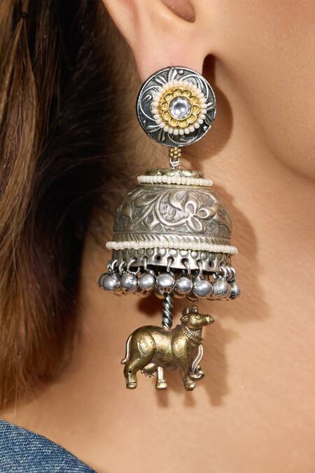 Joules By Radhika_Silver Plated Pearls, Stones Tavisha Jhumkas _Online_at_Aza_Fashions