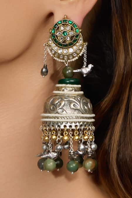 Joules By Radhika Silver Plated Stones, Pearls, Beads Rustic Leaf Jhumka Earrings Online at Aza Fashions Joules By Radhika_Silver Plated Stones, Pearls, Beads Rustic Leaf Jhumka Earrings _Online_at_Aza_Fashions