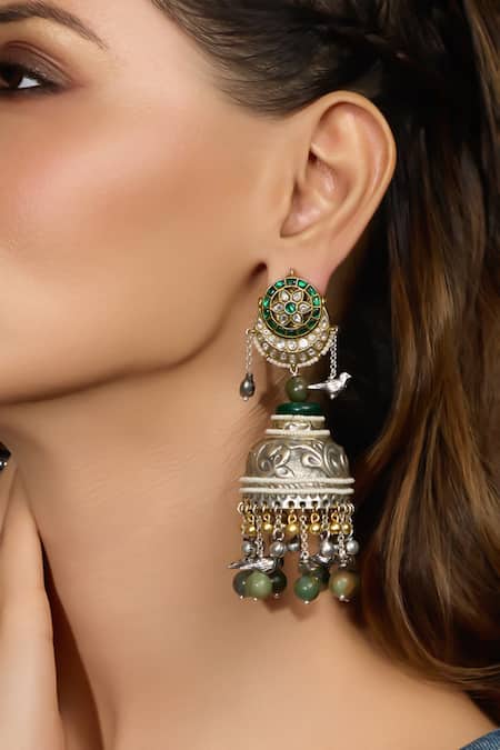Shop Joules By Radhika Silver Plated Stones, Pearls, Beads Rustic Leaf Jhumka Earrings at Aza Fashions Shop_Joules By Radhika_Silver Plated Stones, Pearls, Beads Rustic Leaf Jhumka Earrings _at_Aza_Fashions