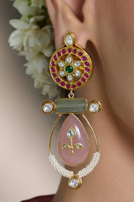 Joules by Radhika_Gold Plated Stones, Pearls Panna Kundan Embellished Drop Earrings _Online_at_Aza_Fashions