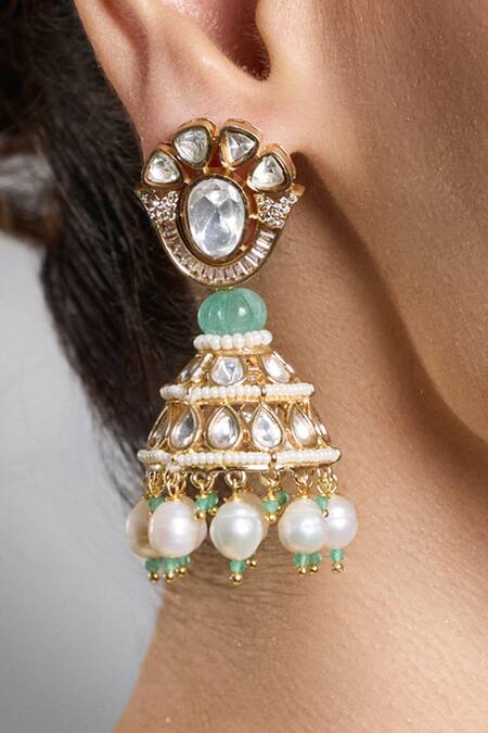 Joules By Radhika_Gold Plated Stones, Pearls, Beads Mint Kundan And Embellished Jhumkas_Online_at_Aza_Fashions