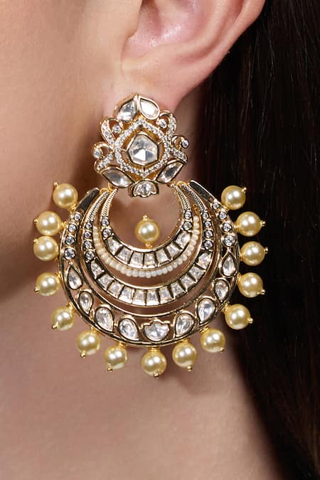 Joules By Radhika_Gold Plated Pearls, Stones Noor E Kundan Embellished Chandbalis _Online_at_Aza_Fashions