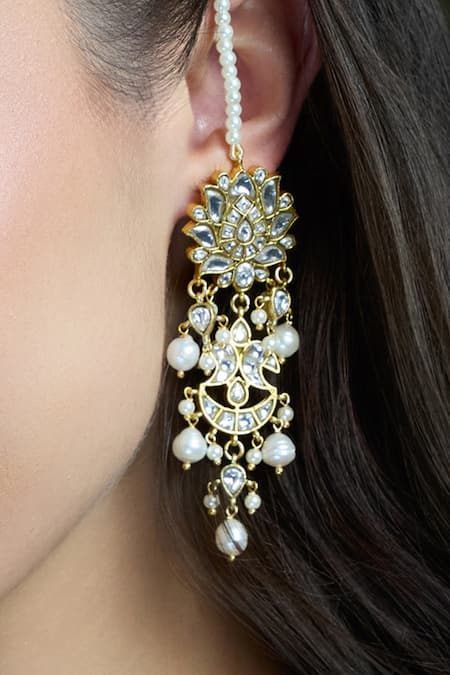Joules by Radhika_Gold Plated Pearls, Stones Moontrail Embellished Drop Earrings _Online_at_Aza_Fashions