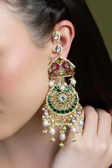 Shop Joules By Radhika Multi Color Pearls, Stones Royale Kundan Embellished Chandbali Earrings at Aza Fashions Shop_Joules By Radhika_Multi Color Pearls, Stones Royale Kundan Embellished Chandbali Earrings _at_Aza_Fashions