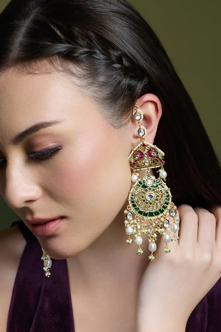 Joules By Radhika Multi Color Pearls, Stones Royale Kundan Embellished Chandbali Earrings 