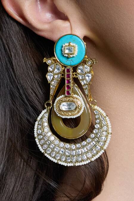 Joules By Radhika_Multi Color Stones, Pearls Aura Turquoise Stud Chandbalis _Online_at_Aza_Fashions