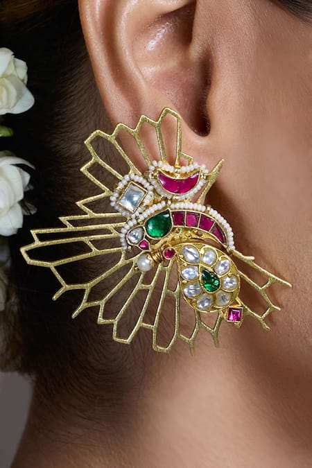 Joules By Radhika Multi Color Stones, Pearls Jewel Wing Stud Earrings Online at Aza Fashions Joules By Radhika_Multi Color Stones, Pearls Jewel Wing Stud Earrings _Online_at_Aza_Fashions