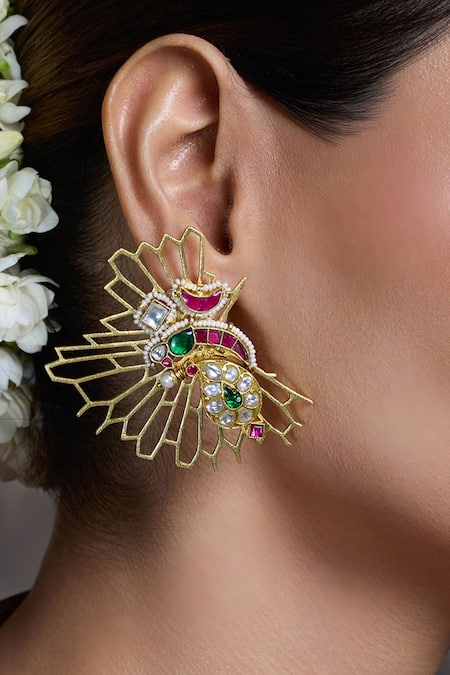 Shop Joules By Radhika Multi Color Stones, Pearls Jewel Wing Stud Earrings at Aza Fashions Shop_Joules By Radhika_Multi Color Stones, Pearls Jewel Wing Stud Earrings _at_Aza_Fashions