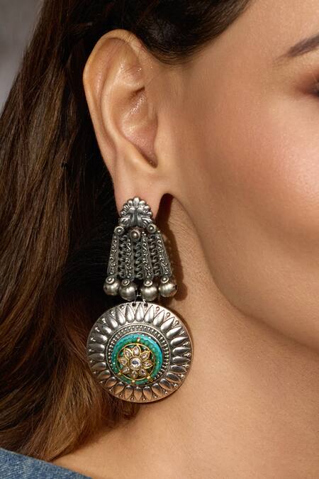 Shop Joules By Radhika Silver Plated Stones Bold Heritage Oxidized Earrings at Aza Fashions Shop_Joules By Radhika_Silver Plated Stones Bold Heritage Oxidized Earrings_at_Aza_Fashions