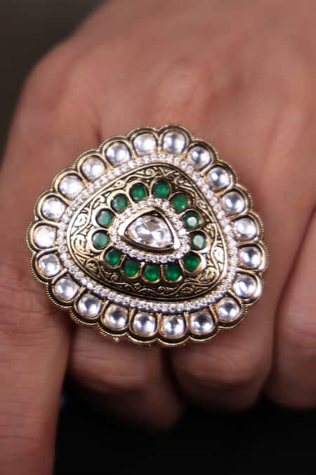 Joules By Radhika Abstract Kundan & Green Enamelled Ring 