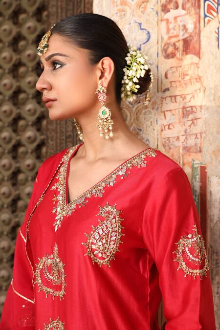 Shop_Amoree by Shikha Chaudhry_Red Silk Embroidery, Mirrors, Sequins, Gota Patti Butti Work Kurta And Sharara Set _Online_at_Aza_Fashions