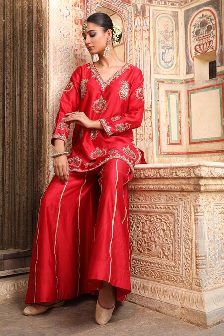 Amoree by Shikha Chaudhry_Red Silk Embroidery, Mirrors, Sequins, Gota Patti Butti Work Kurta And Sharara Set _at_Aza_Fashions
