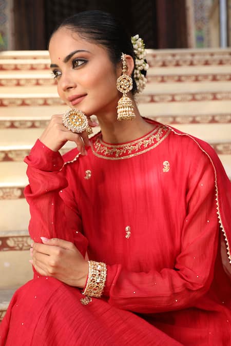 Amoree by Shikha Chaudhry Red Silk Embroidery, Zari, Gota Patti Round Neck Gulbahar Anarkali Set Online at Aza Fashions Amoree by Shikha Chaudhry_Red Silk Embroidery, Zari, Gota Patti Round Neck Gulbahar Anarkali Set _Online_at_Aza_Fashions