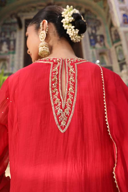 Shop Amoree by Shikha Chaudhry Red Silk Embroidery, Zari, Gota Patti Round Neck Gulbahar Anarkali Set Online at Aza Fashions Shop_Amoree by Shikha Chaudhry_Red Silk Embroidery, Zari, Gota Patti Round Neck Gulbahar Anarkali Set _Online_at_Aza_Fashions