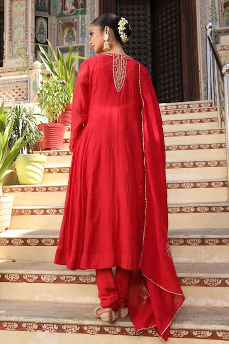Shop Amoree by Shikha Chaudhry Red Silk Embroidery, Zari, Gota Patti Round Neck Gulbahar Anarkali Set at Aza Fashions Shop_Amoree by Shikha Chaudhry_Red Silk Embroidery, Zari, Gota Patti Round Neck Gulbahar Anarkali Set _at_Aza_Fashions