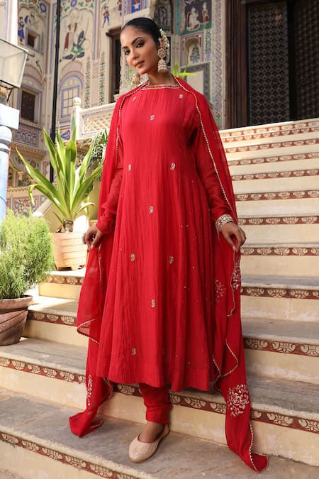 Amoree by Shikha Chaudhry Red Silk Embroidery, Zari, Gota Patti Round Neck Gulbahar Anarkali Set at Aza Fashions Amoree by Shikha Chaudhry_Red Silk Embroidery, Zari, Gota Patti Round Neck Gulbahar Anarkali Set _at_Aza_Fashions