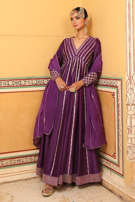 Amoree by Shikha Chaudhry Purple Silk Gota Patti, Embroidery V-neck Kilol Anarkali With Dupatta 