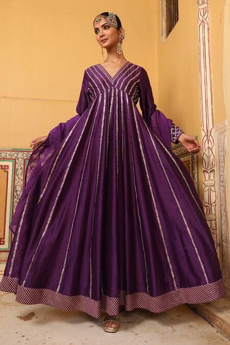 Shop_Amoree by Shikha Chaudhry_Purple Silk Gota Patti, Embroidery V-neck Kilol Anarkali With Dupatta _Online_at_Aza_Fashions